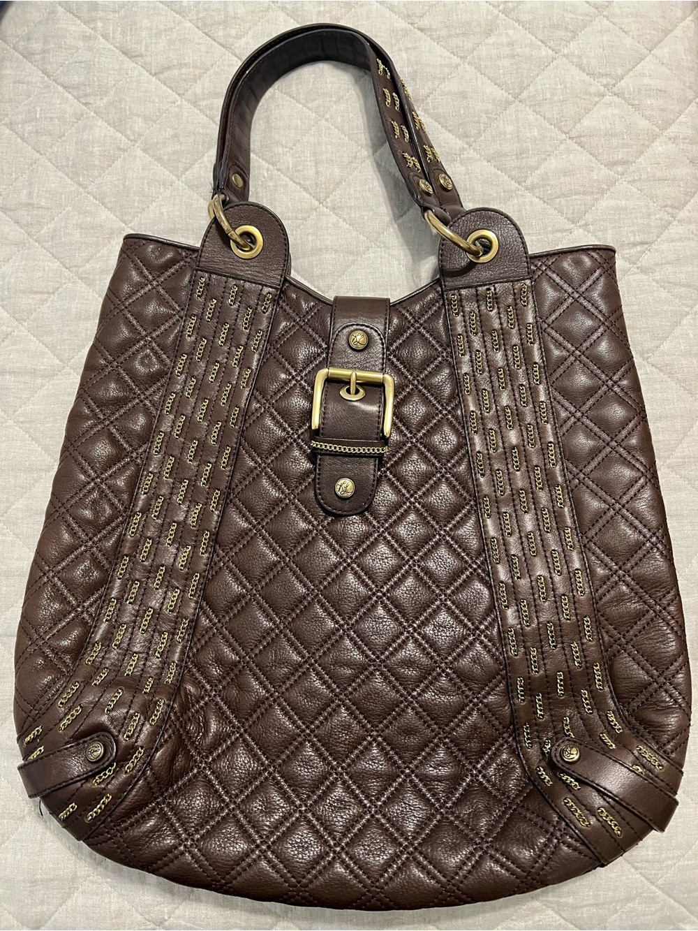 Kate Landry Quilted Brown Shoulder Bag with Gold Hardware